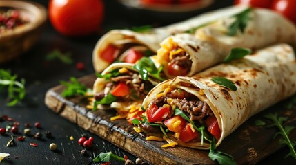 Burritos wraps with beef and vegetables on black background