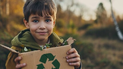 boy holding a cardboard box with the recycle symbol