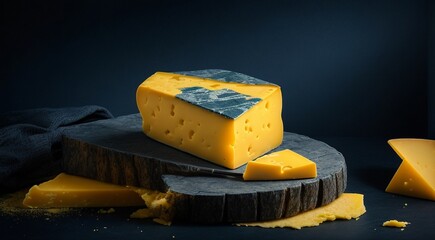 delicious cheese on background, yellow cheese on the table, cuted cheese on cool background, sliced cheese on table