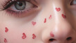 Cloese-up von Frau mit Valentinstags-Make-up, roten Herzen im Gesicht