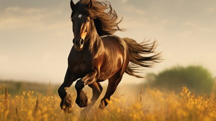  a brown horse running through a field of tall grass with a cloudy sky in the background of the picture.