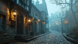 Fototapeta Fototapeta Londyn - foggy cobblestone street - mystery setting