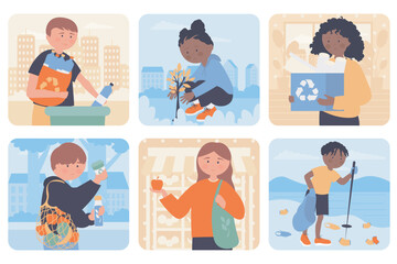 Poster - Eco friendly concept with people situation set in flat web design. Bundle scenes with multiethnic diverse characters of collecting trash, recycling plastic, planting tree, other. Vector illustrations.