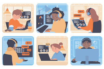 Leinwandbilder - Programming concept with people situation set in flat web design. Bundle scenes with multiethnic diverse characters coding and creating software at computer and laptop in office. Vector illustrations.