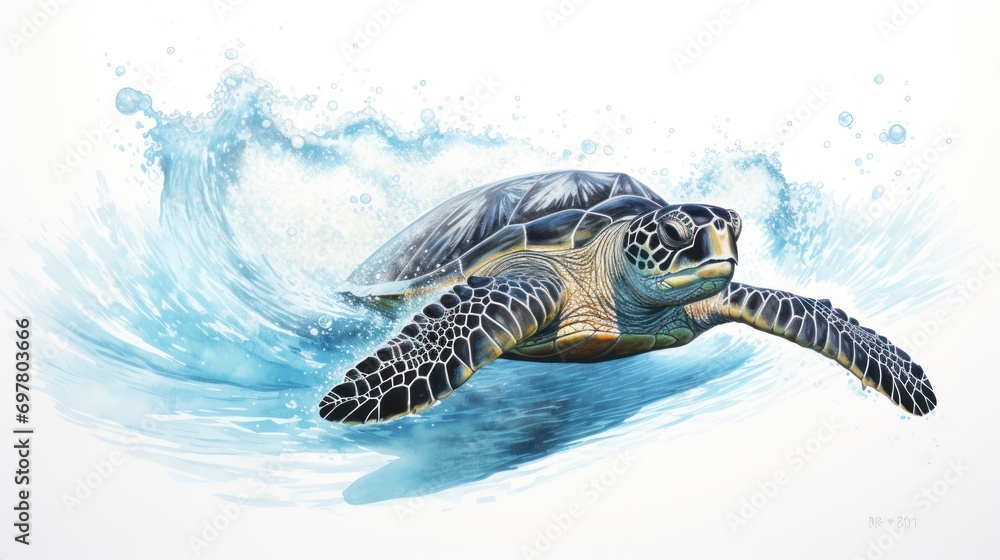 a painting of a green sea turtle swimming in the ocean with a splash of ...