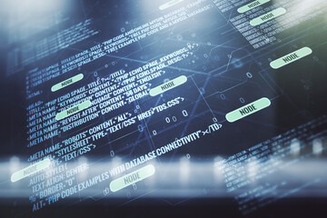 Wall Mural - double exposure of abstract programming language interface on modern business center exterior backgr