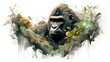 a watercolor painting of a gorilla with green leaves around it's neck and a white background behind it.
