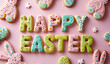 festive  letter happy easter, egg shaped as  cookies with bunny and eggs on pink background 