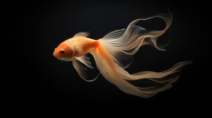 Wall Mural -  a goldfish in a black background with long hair blowing around it's tail and a black back ground.