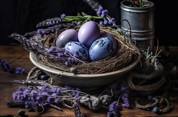  easter eggs in a nest with lavender