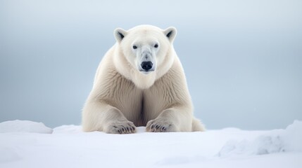 Poster -  a large white polar bear sitting on top of a snow covered ground and looking at the camera with a serious look on his face.