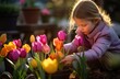 girl playing with tulips in the garden