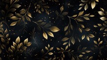  A Black And Gold Wallpaper With Gold Leaves And Dots On A Black Background With A Gold Leaf Pattern On The Left Side Of The Wall.