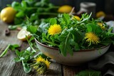 Fototapeta Dmuchawce - wild dandelion salad with lemon, lettuce and dandelion