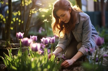 Wall Mural - woman with gardening gloves sitting in garden and watering