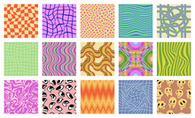 Groovy Psychedelic Pattern Set. Funky Artistic Hippie Background Collection With Waves On Checkerboard Print, Liquid Twirls And Swirls, Surreal Eyes And Emoji Faces Melt Cartoon Vector Illustration