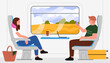 © Flash Vector - Man and woman travel in train compartment vector illustration. Cartoon inside train car scene with girl sitting in chair with neck pillow, guy holding phone to take photo of landscape outside window