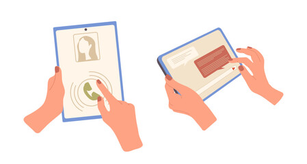 Human hands holding digital tablet pc using application for online communication and calling