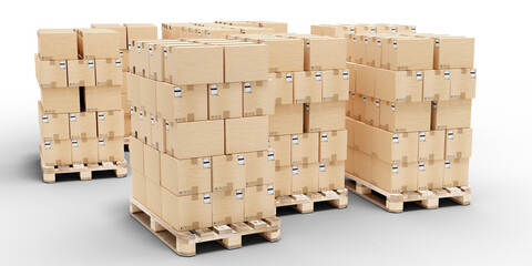 Wall Mural - Pallets with cardboard boxes. Warehouse for courier parcels. Euro pallets are ready for transportation. Boxes with information stickers. Pallets with cargo for logistics warehouse. 3d image