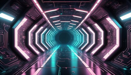 Futuristic blue and purple tunnel with glowing lights 3D rendering, Futuristic Metaverse Tunnel with Polygon Shapes and Circuit Boards. Generative AI