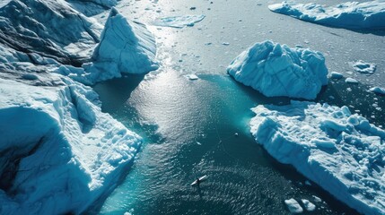 Poster - A group of icebergs floating in a body of water. This image can be used to depict the beauty and majesty of nature's frozen wonders.