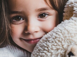 Wall Mural - Little girl hugging teddy bear, closeup of her face