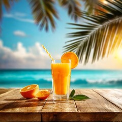 Fresh orange juice glass on a wooden table top with blurred tropical palm leaves and summer beach	
