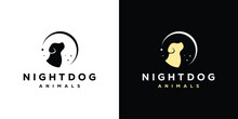 Minimal Night Dog Logo. Crescent Moon Star And Dog Head Logo Design Template.
