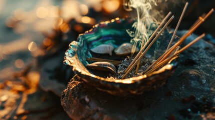 Wall Mural - Incense sticks placed in a bowl on a rock. Ideal for creating a peaceful and calming atmosphere.