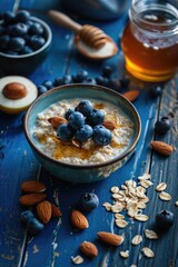 Poster - A delicious bowl of oatmeal topped with fresh blueberries and crunchy almonds. Perfect for a healthy breakfast or snack