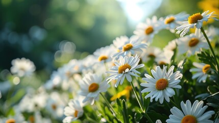 A beautiful bunch of white and yellow flowers in a field. Perfect for nature and gardening concepts