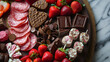 A charcuterie board for Valentine's Day is adorned with sweets, strawberries, chocolate, and cookies, serving as a traditional and romantic holiday snack. generative AI