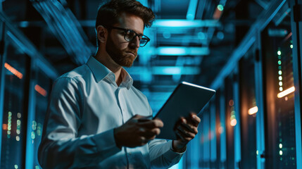 Wall Mural - The system administrator checks the data in the data centre, server room