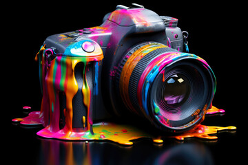 Wall Mural - black professional digital camera in bright paint splashes on black background. photographer's day &