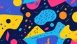 Background inspired by 90s pop culture, focusing on abstract shapes. Vibrant color palette heavy on blue, pink, purple, lime green, and yellow.