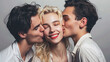 Blond woman in white shirt kissed by two men. Trio relationship concept. Intimate moment in a romantic trio. Complex relationships and connection. Contemporary love and intimacy. Polygamy