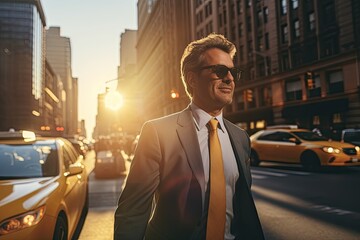 A successful businessman confidently walks down a city street