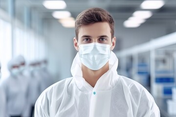 Wall Mural - Confident doctor in medical mask, surgical uniform, providing expert care during a pandemic outbreak.