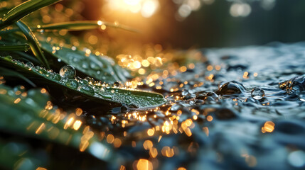 Raindrops on the water surface in the evening. Close-up. 