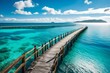 Beautiful landscape with bridge to pier. Color fusion of ocean and sky. Light ripples on amazingly clear water. Perspective receding into distance. Image fine vacation on summer. Relax and rest