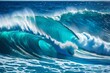 Beautiful big waves of the ocean or the sea in the summer bright blue, azure and turquoise colors in the early morning in sun light on a pure blue sky. Beautiful combs white sea foam