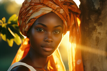 headshot of beautiful african american poc-woman with dark skin in a warm sunlit setting with neutral background  in magazine fashion beauty editorial portra film look