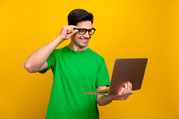 Poster - Photo of young smiling business web3 developer touching specs look to team meeting conference online isolated on yellow color background