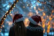 Whispers of joy, Santa hats fluttering, friends making holiday promises, winter's embrace.
