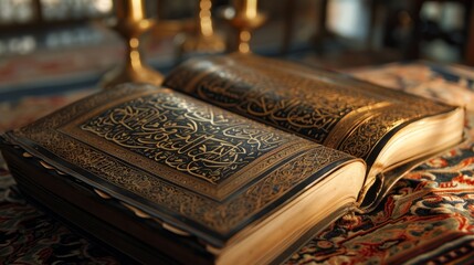 open holy book islamic muslim book the quran. beautifully looking for religion. arabic letters. wallpaper background 16:9, Generative AI