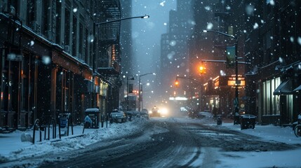 cold snowy winter in new york city usa, beautiful cozy christmas view atmosphere. foggy evening with light lanterns. traffic road with cars. wallpaper background 16:9