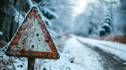 Wall Mural - a warning sign indicating caution ahead on a snowy road.