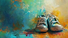 Blue Colorful Sneakers At A Wall On The Ground With Paint. Wallpaper Background.