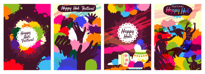 Wall Mural - Happy Holi Festival poster set. Traditional Indian holiday of colors. Greeting cards and party invitations with splashes of colorful powder. Cartoon flat vector collection isolated on white background