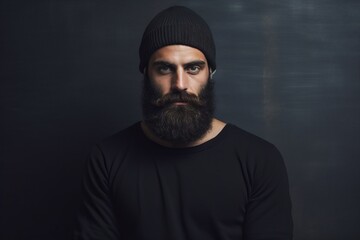 Handsome bearded man in a black sweater and hat on a dark background